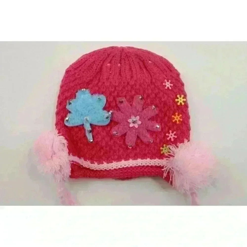 HAND knitted girl hat with knitted applique with beads for 3-6 year old. NEW.